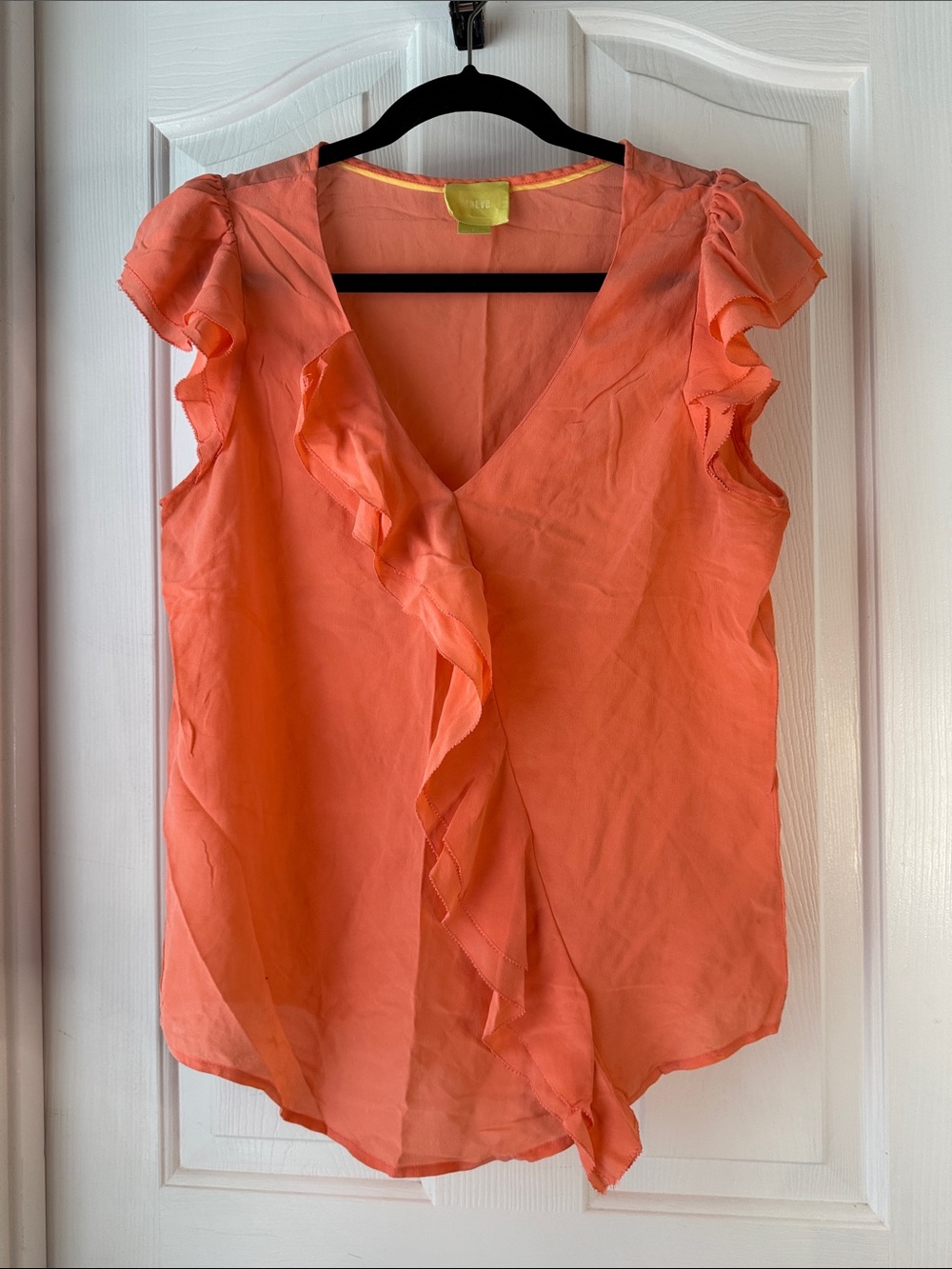 Maeve Coral Ruffle V-Neck Cap-Sleeve Blouse (BB)